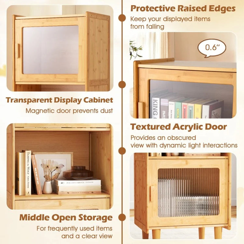 3-Cube Bamboo Storage Cabinet with Open Compartment and 2 Acrylic Doors