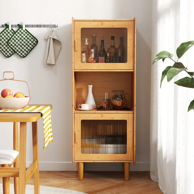 3-Cube Bamboo Storage Cabinet with Open Compartment and 2 Acrylic Doors