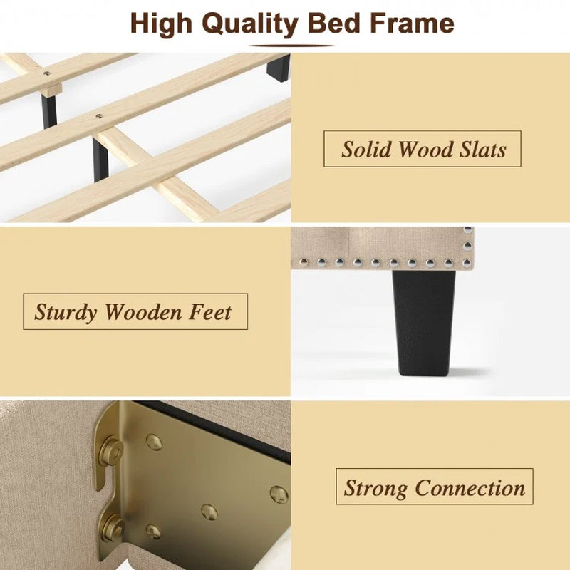 Heavy Duty Upholstered Bed Frame with Rivet Headboard