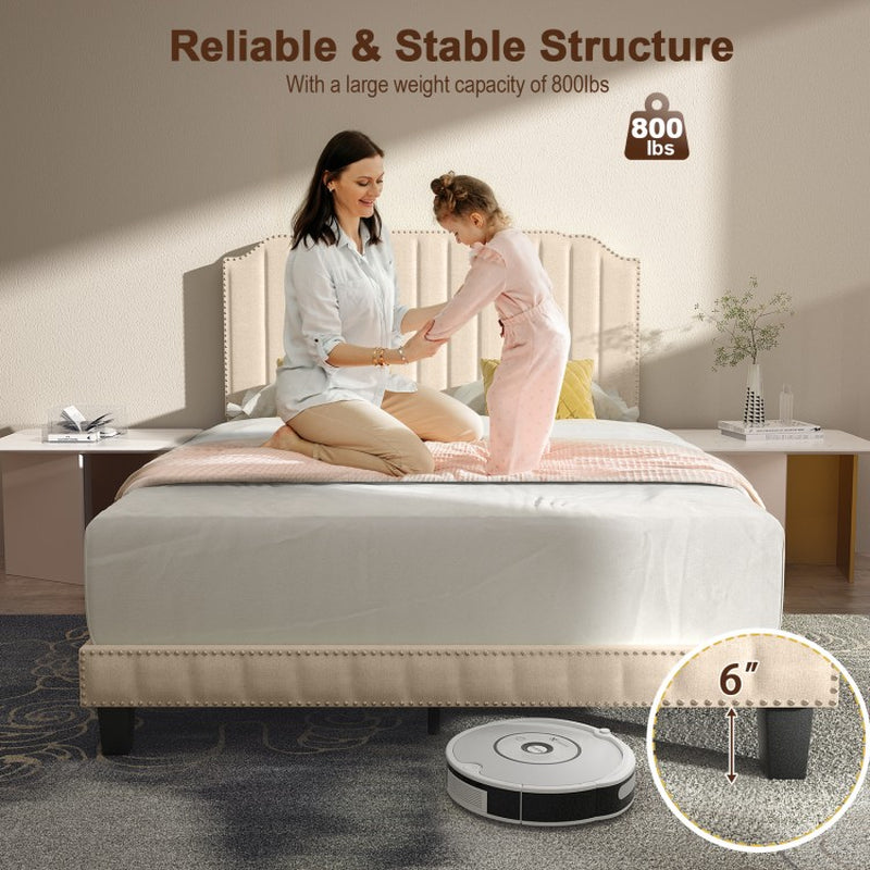 Heavy Duty Upholstered Bed Frame with Rivet Headboard