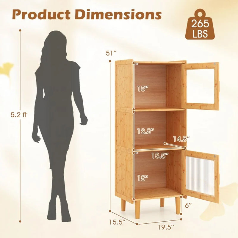 3-Cube Bamboo Storage Cabinet with Open Compartment and 2 Acrylic Doors