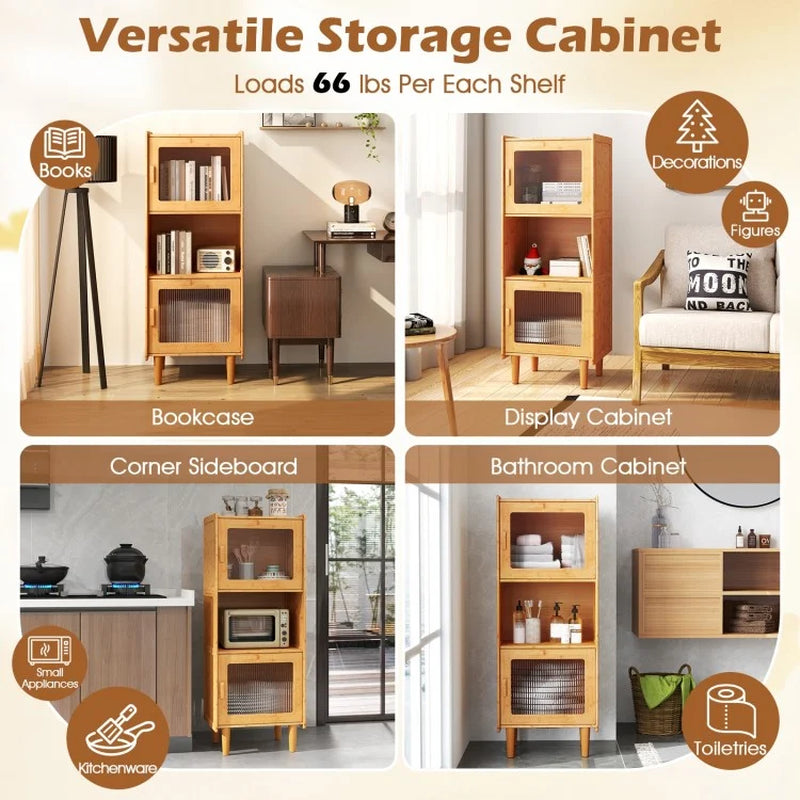 3-Cube Bamboo Storage Cabinet with Open Compartment and 2 Acrylic Doors