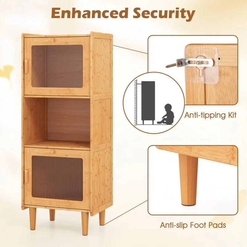 3-Cube Bamboo Storage Cabinet with Open Compartment and 2 Acrylic Doors