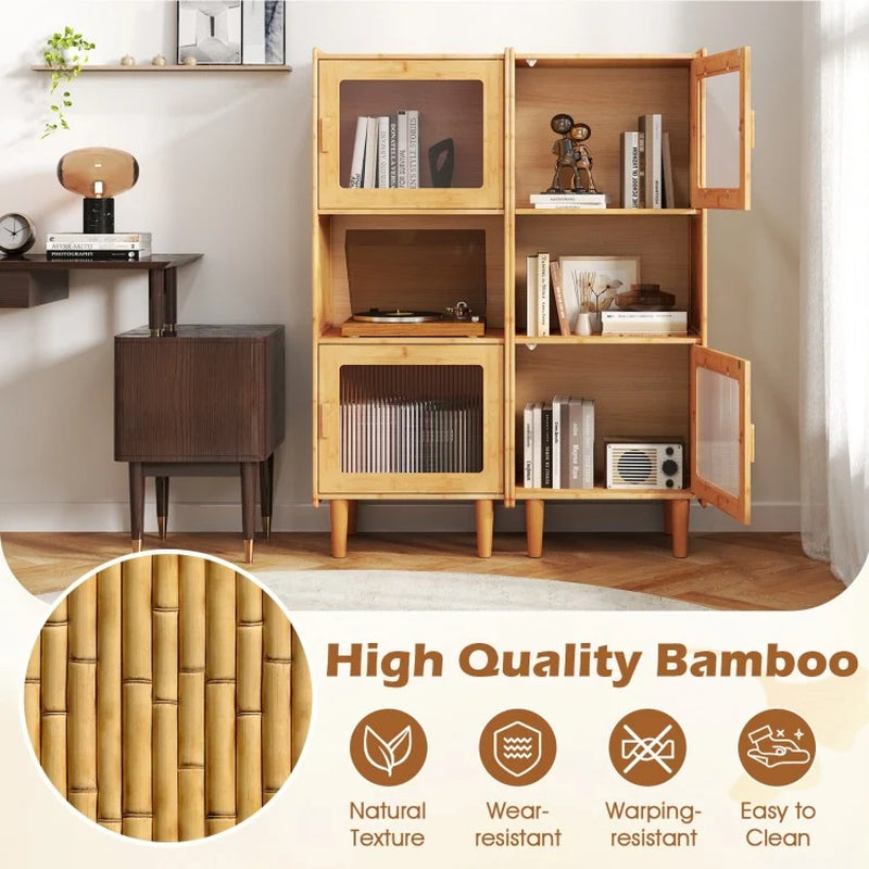 3-Cube Bamboo Storage Cabinet with Open Compartment and 2 Acrylic Doors