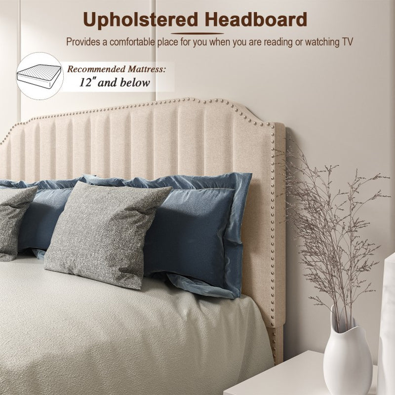 Heavy Duty Upholstered Bed Frame with Rivet Headboard