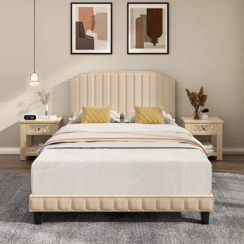 Heavy Duty Upholstered Bed Frame with Rivet Headboard