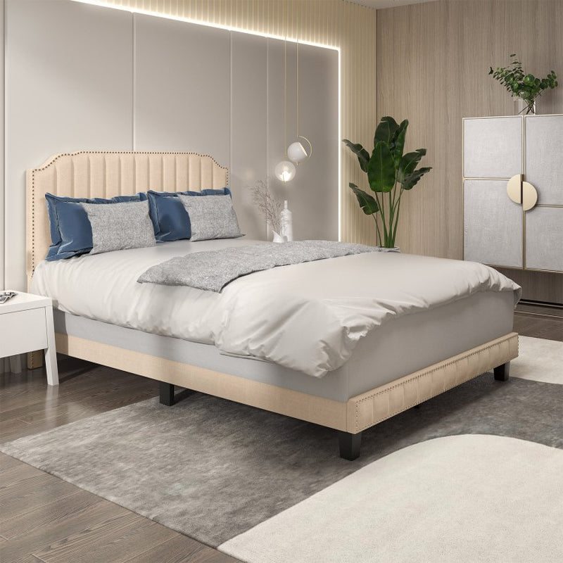 Heavy Duty Upholstered Bed Frame with Rivet Headboard